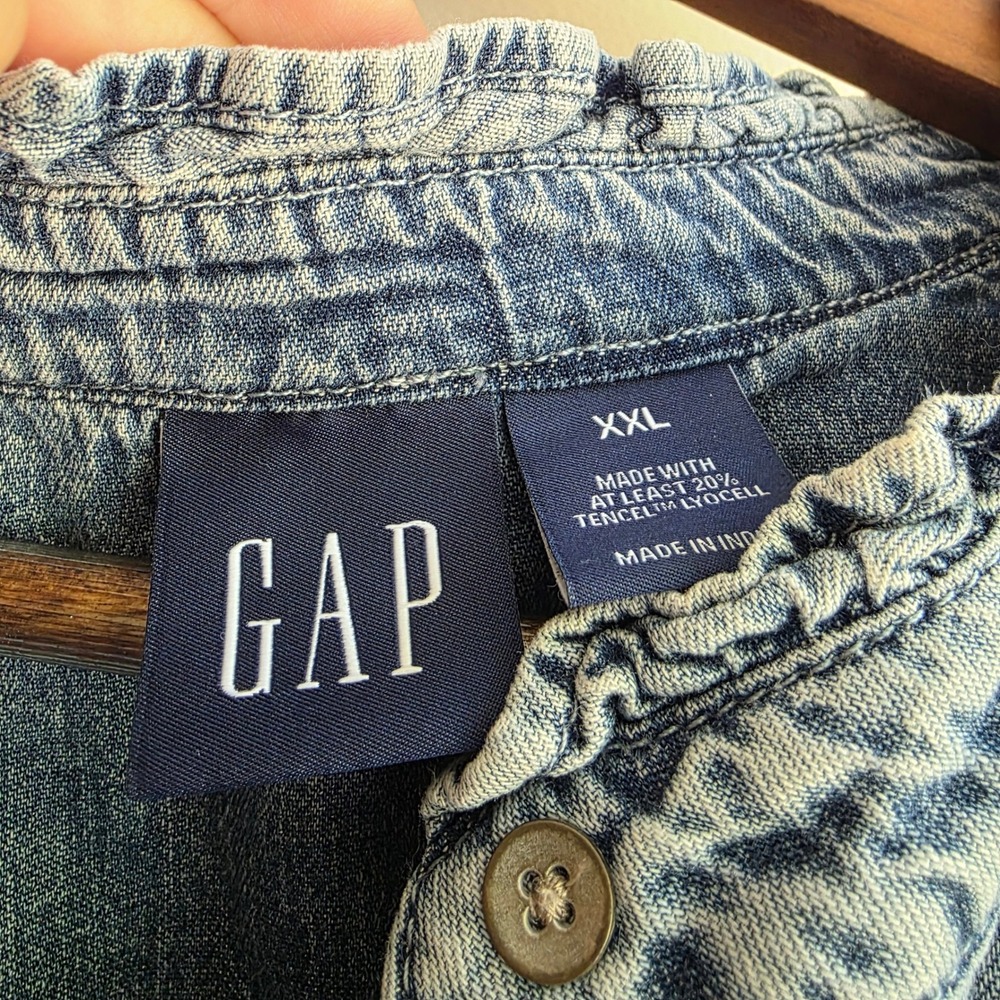 Gap Womens XXL Acid Wash Denim Ruffle Puff Sleeve Button Up Shirt Western - Picture 3 of 7
